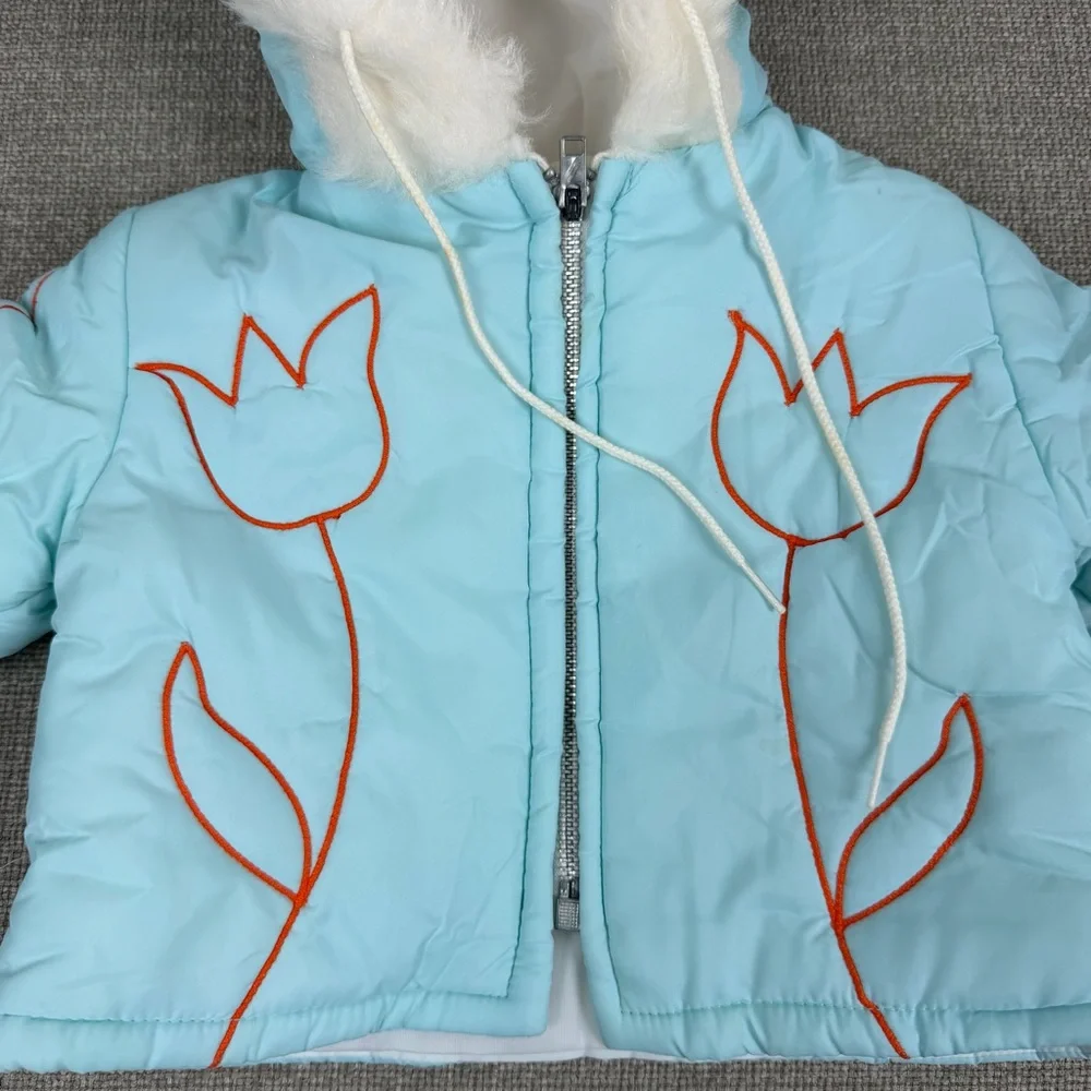Vintage Sears Blue Tulip Puffer Winter Coat Zip Up Jacket Hood Small 6-9 Months